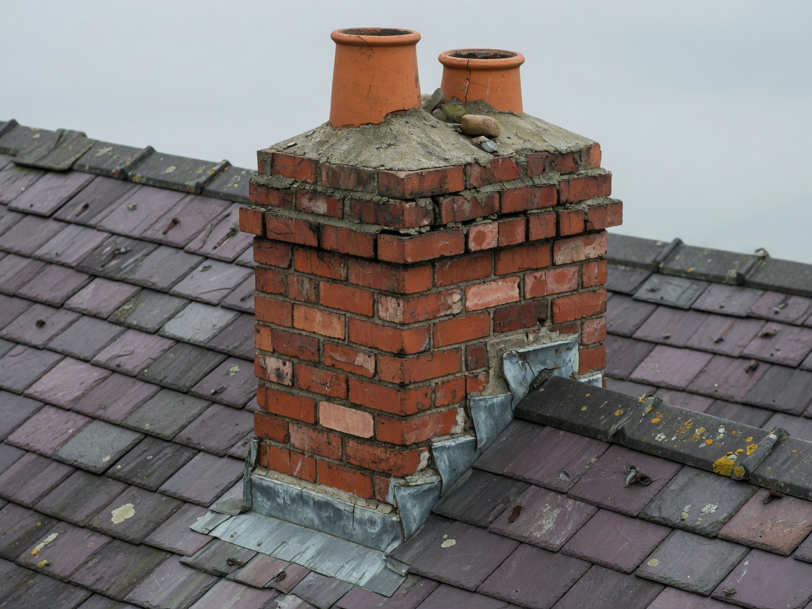 Brick chimney stack with flaunching and pots on a slate roof