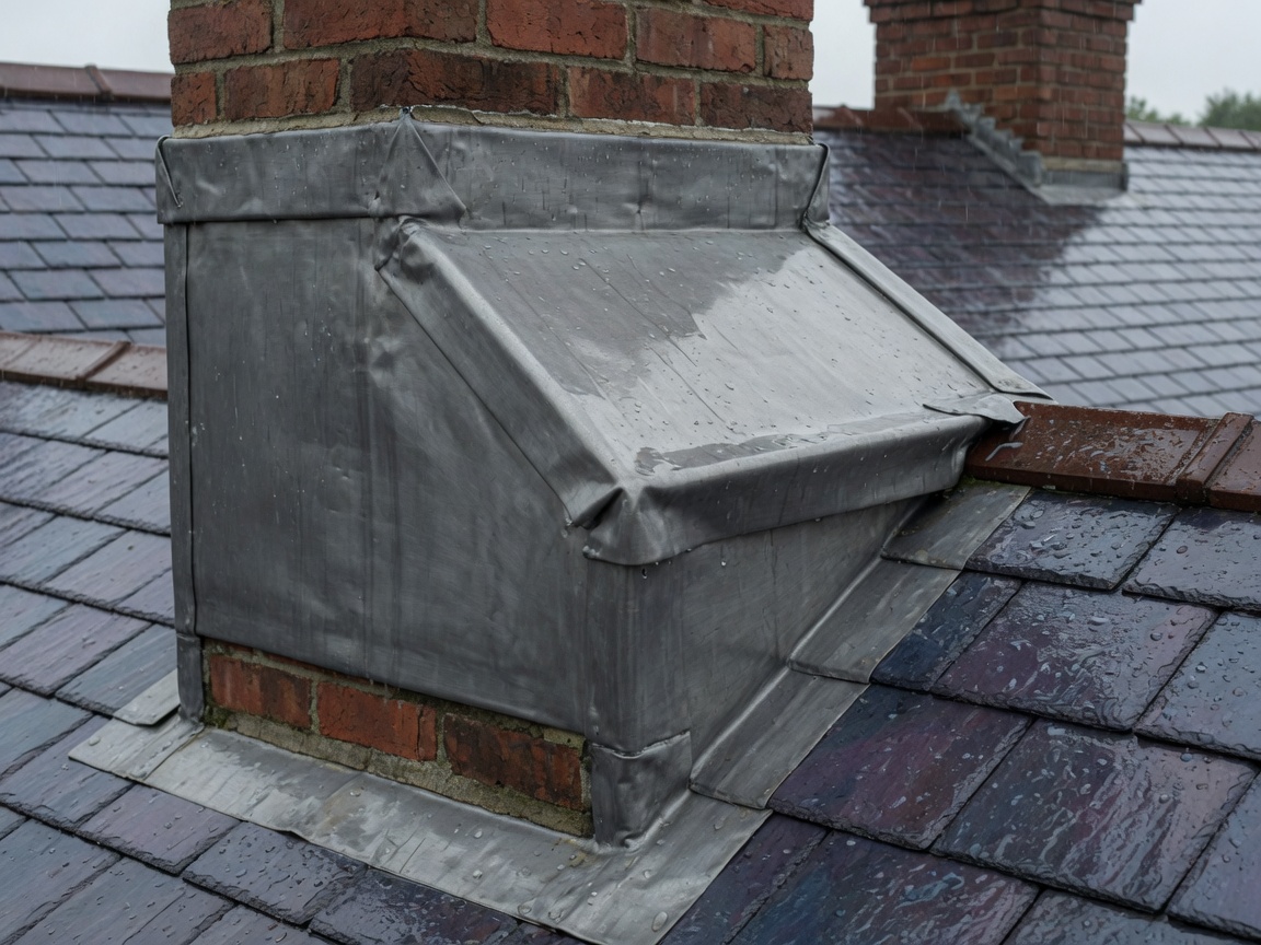 Lead flashing dressed around a brick chimney on a slate roof