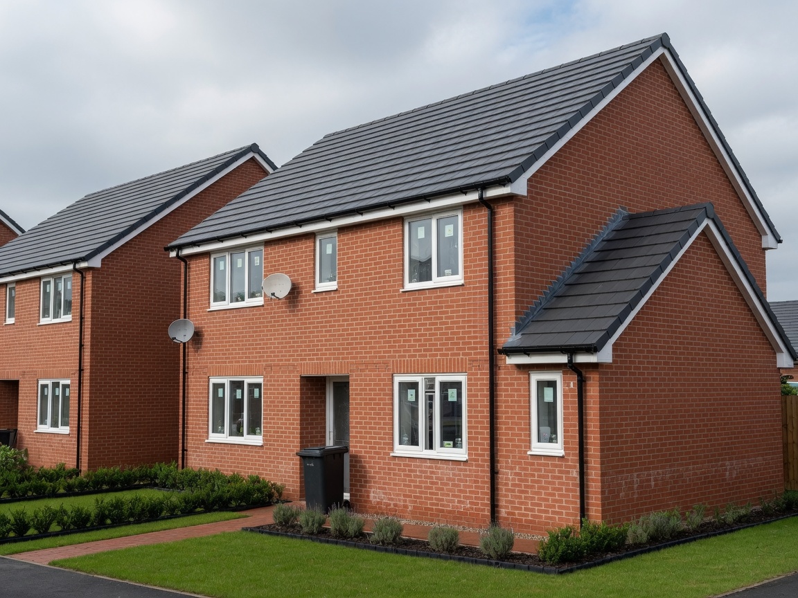 Newly tiled pitched roof on a red-brick house